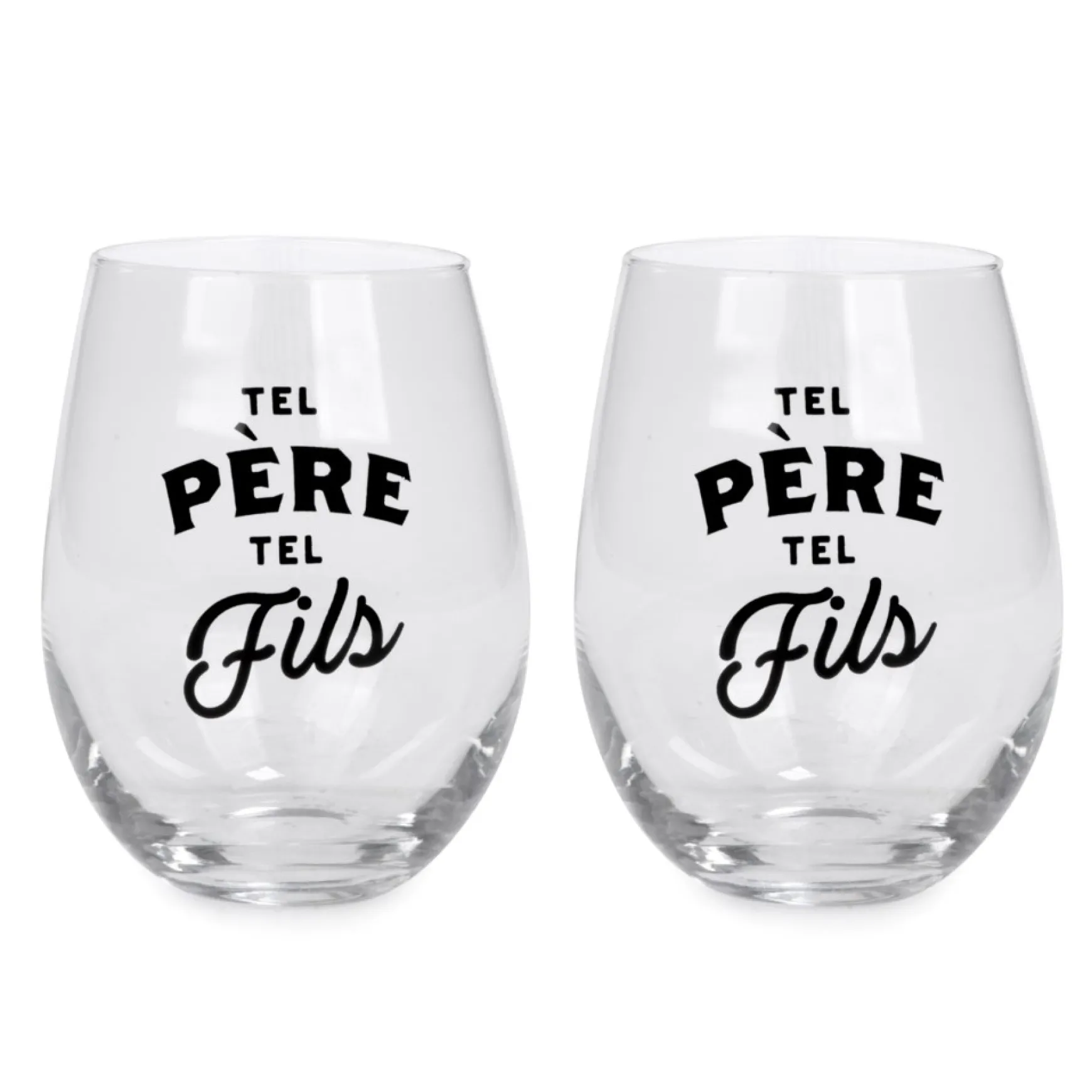 Products With Text*Attitudes Import 2 Stemless Wine Glass - Tel Pere Tel Fils